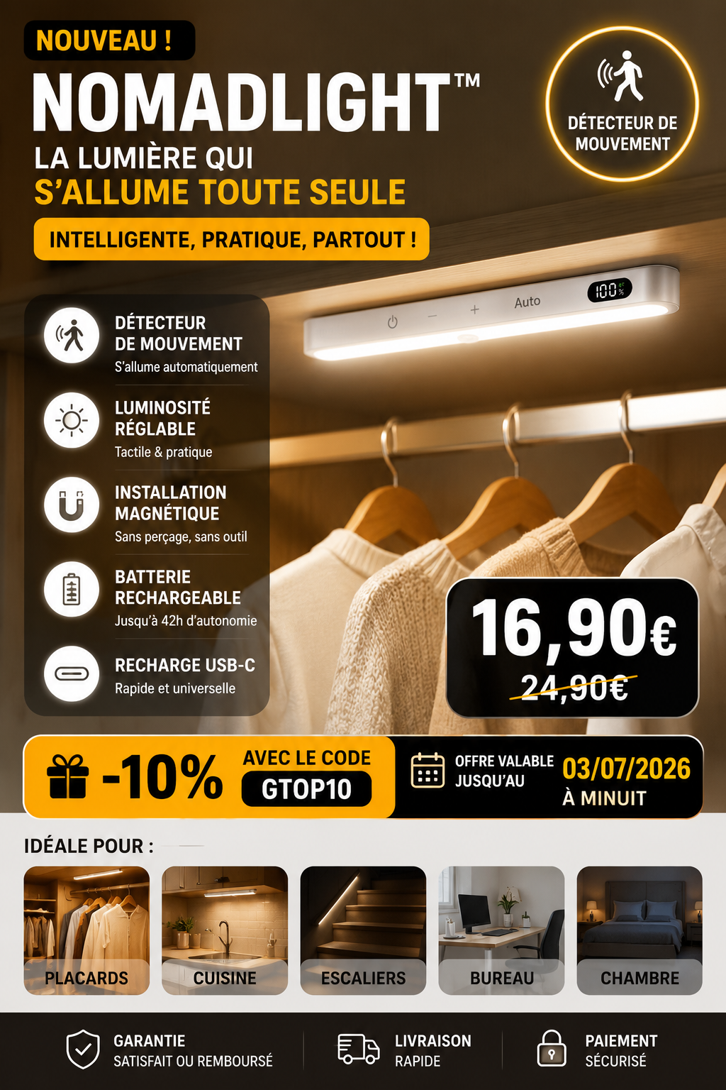 NomadLight™ – Lampe LED Intelligente à Détecteur de Mouvement