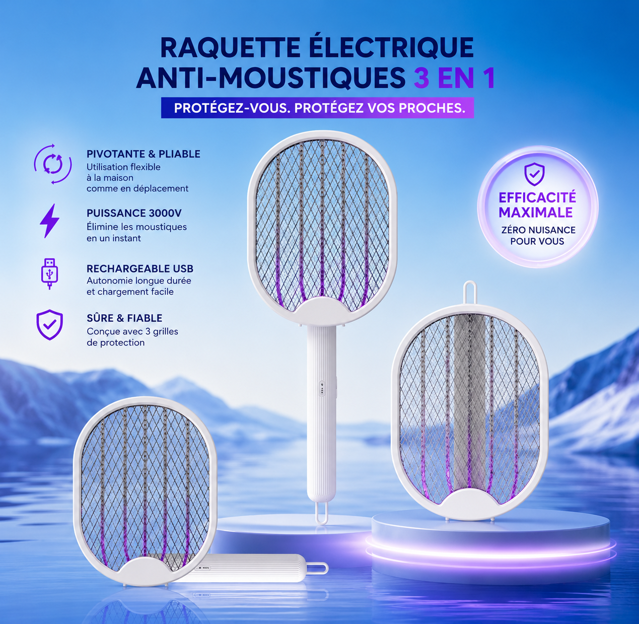 NomadZap Pro™ – Raquette Électrique Anti-Moustiques Rechargeable