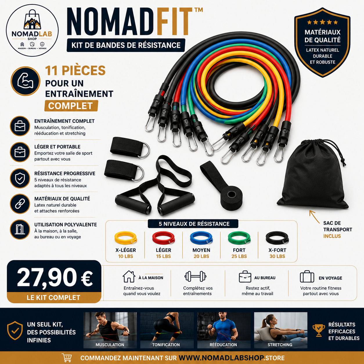 NomadFit™ – Kit de Bandes de Résistance 11 pièces