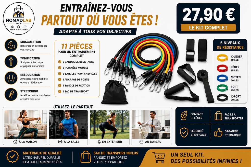 NomadFit™ – Kit de Bandes de Résistance 11 pièces