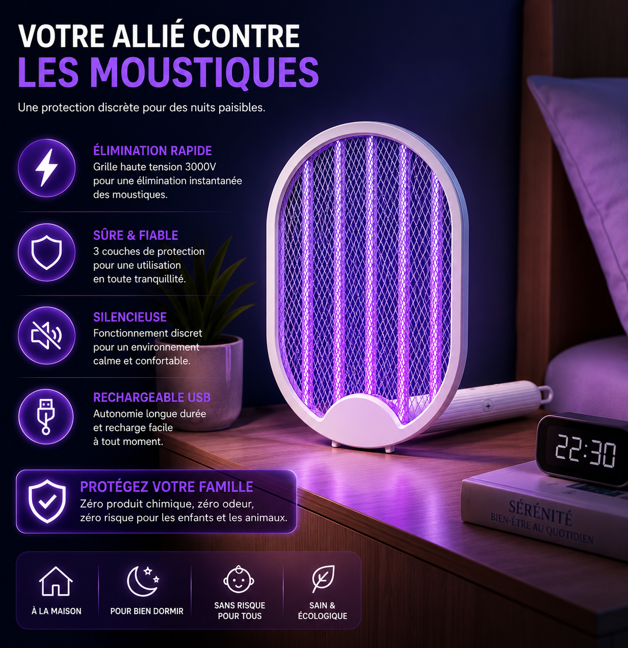 NomadZap Pro™ – Raquette Électrique Anti-Moustiques Rechargeable
