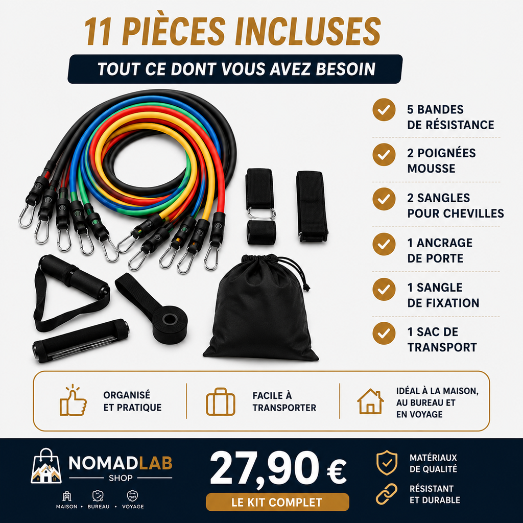 NomadFit™ – Kit de Bandes de Résistance 11 pièces