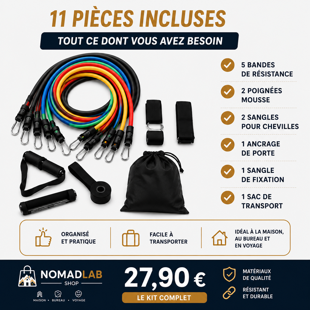 NomadFit™ – Kit de Bandes de Résistance 11 pièces